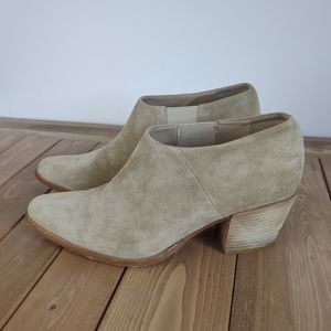 Vince Light Tan Beige Suede Slip on Ankle Boots with Stacked Heel